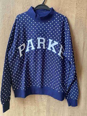PARKE Navy Blue White Polka Dot  Appliqué Mock Neck Sweatshirt